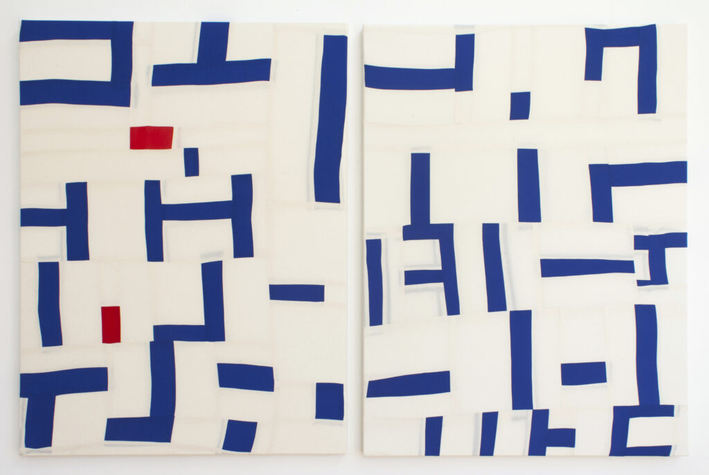<em>Colored Grids</em>, 2019, pigmented and painted Duck Cotton Fabric, sewn and stretched over canvas, 48 x 72 inches.
