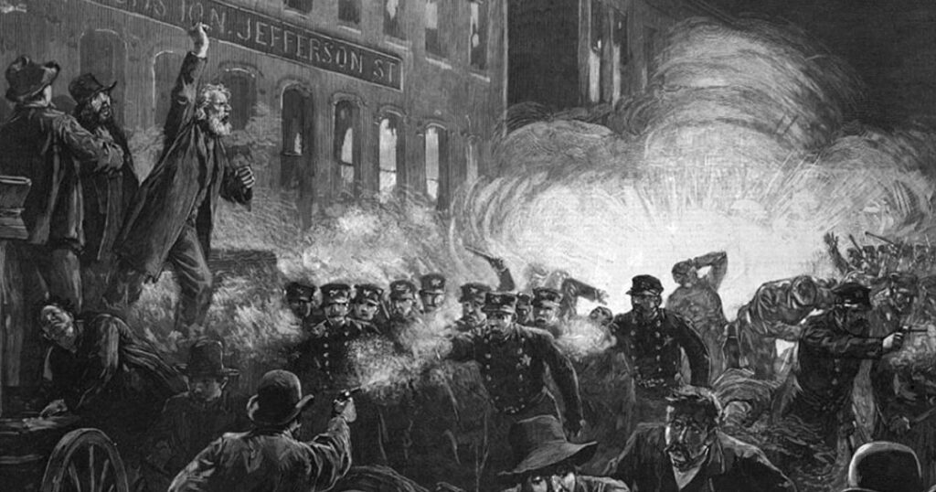 An 1886 engraving of the Haymarket massacre from <em>Harper’s Weekly</em> (Wikimedia Commons)