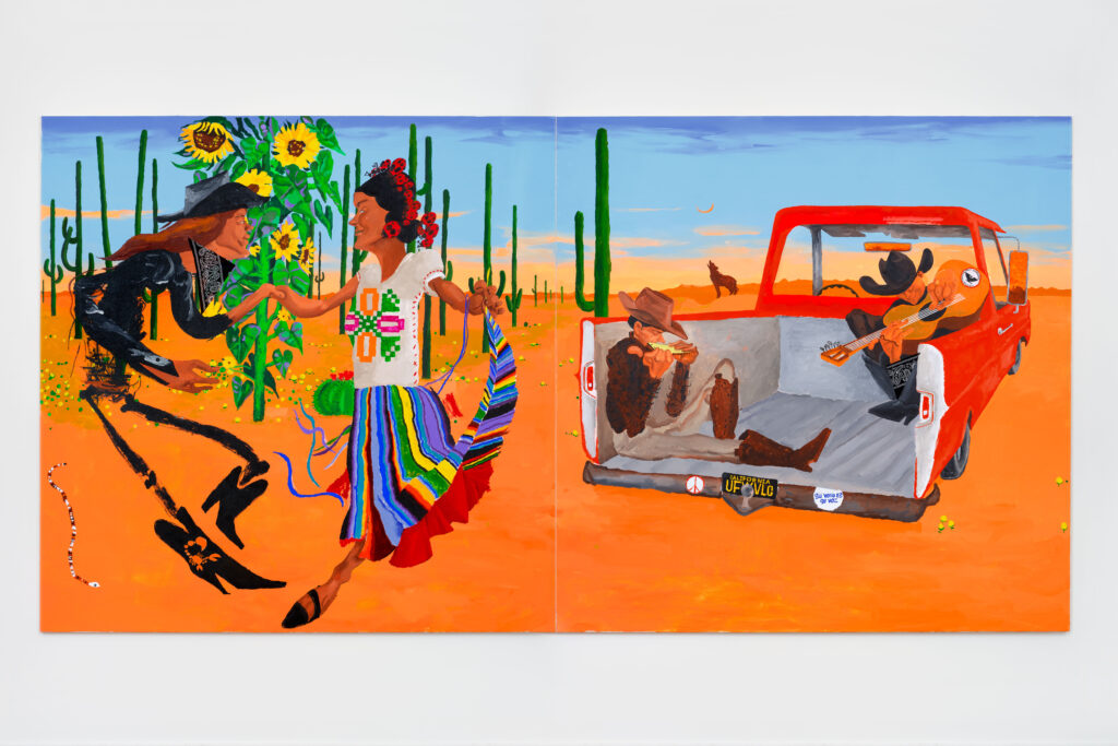 <em>Campesinos</em>, 2024, acrylic and cochineal on canvas, 72 x 144 inches. (Courtesy the Artist, Parker Gallery, Los Angeles and Garth Greenan Gallery, New York. Photo: Paul Salveson.)