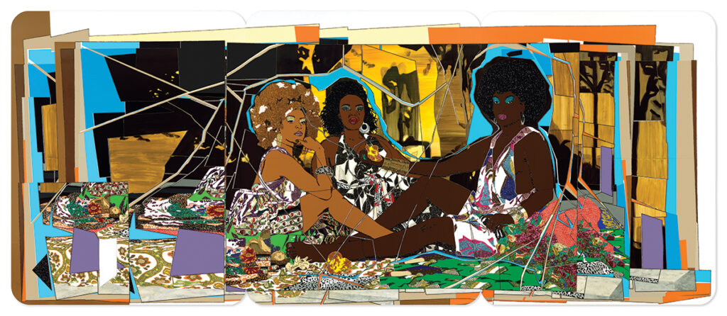 <em>Le déjeuner sur l’herbe: Les trois femmes noires,</em> 2010. Rhinestones, acrylic, and enamel on wood (120" x 288"). © Mickalene Thomas