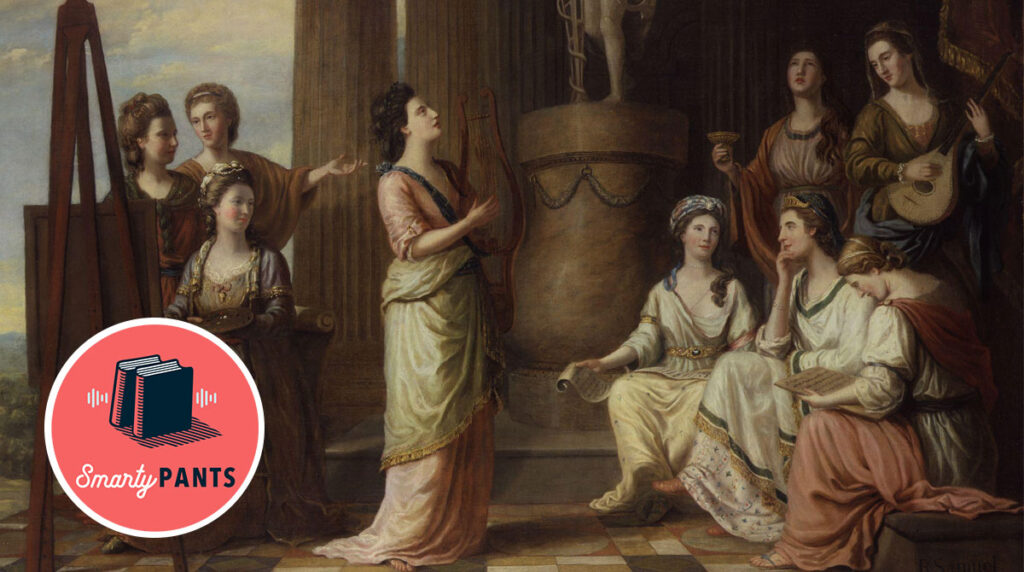 Detail of Richard Samuel’s <em>Portraits in the Characters of the Muses in the Temple of Apollo</em> (1778) which depicts (from left to right, standing) Elizabeth Carter, Anna Laetitia Barbauld, Elizabeth Ann Linley, Hannah More, and Charlotte Lennox and (left to right, seated) Angelica Kauffman, Catharine Macaulay, Elizabeth Montagu and Elizabeth Griffith (Wikimedia Commons)