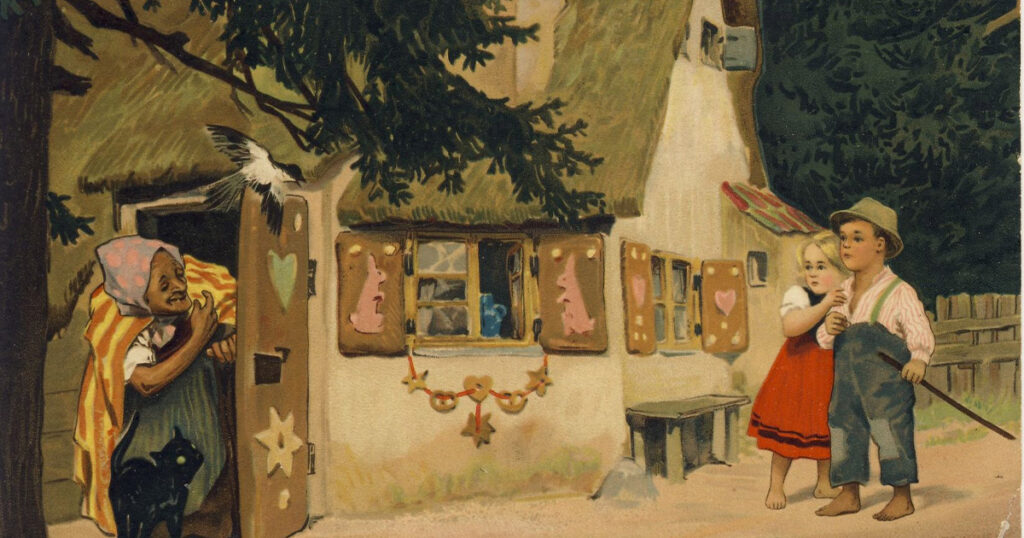 Postcard depicting Hansel, Gretel, and the evil witch, painted by Paul Hey (1867–1952) (museum-digital:deustchland)