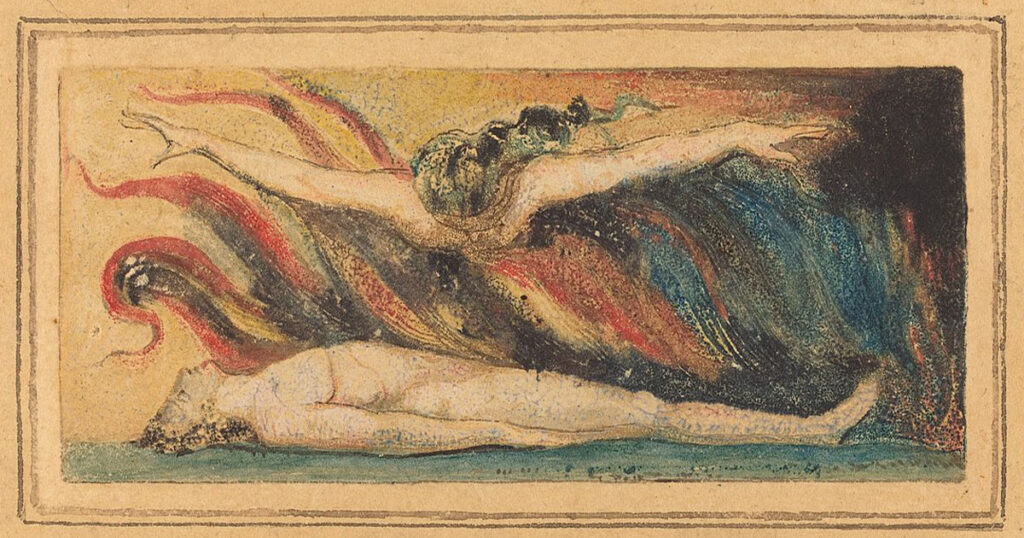 Detail of <em>The Soul Hovering Over the Body</em> from <em>The Marriage of Heaven and Hell</em> by William Blake, 1796 (Wikimedia Commons)